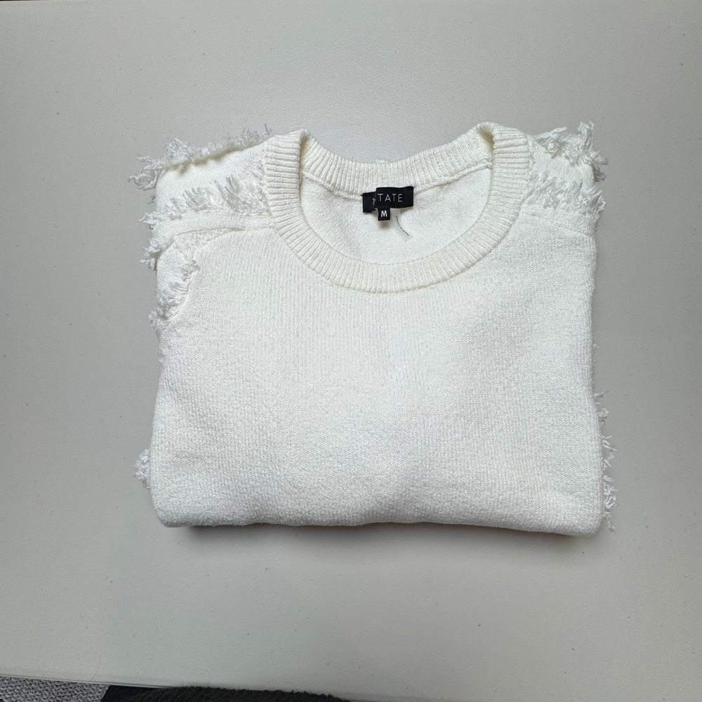 1. STATE White Textured Sweater – Size Medium – Cozy Fringe Sleeve Pullover - Picture 4 of 10